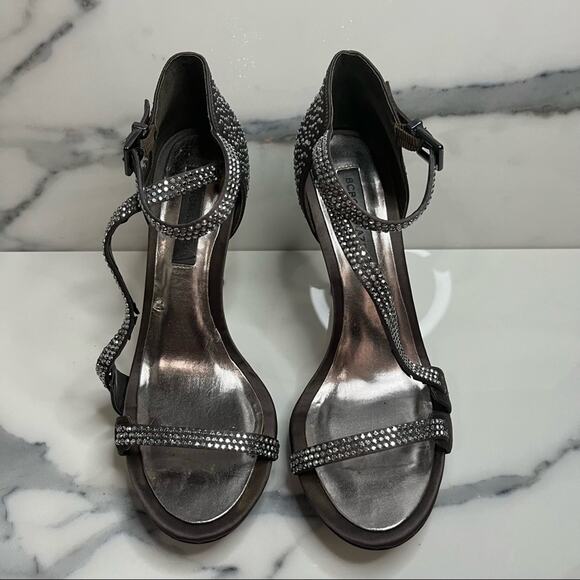 BCBGMaxAzria Women's Gray Studded Rhinestone Strappy Platform Peeking Heels Sz 7 - Picture 3 of 5